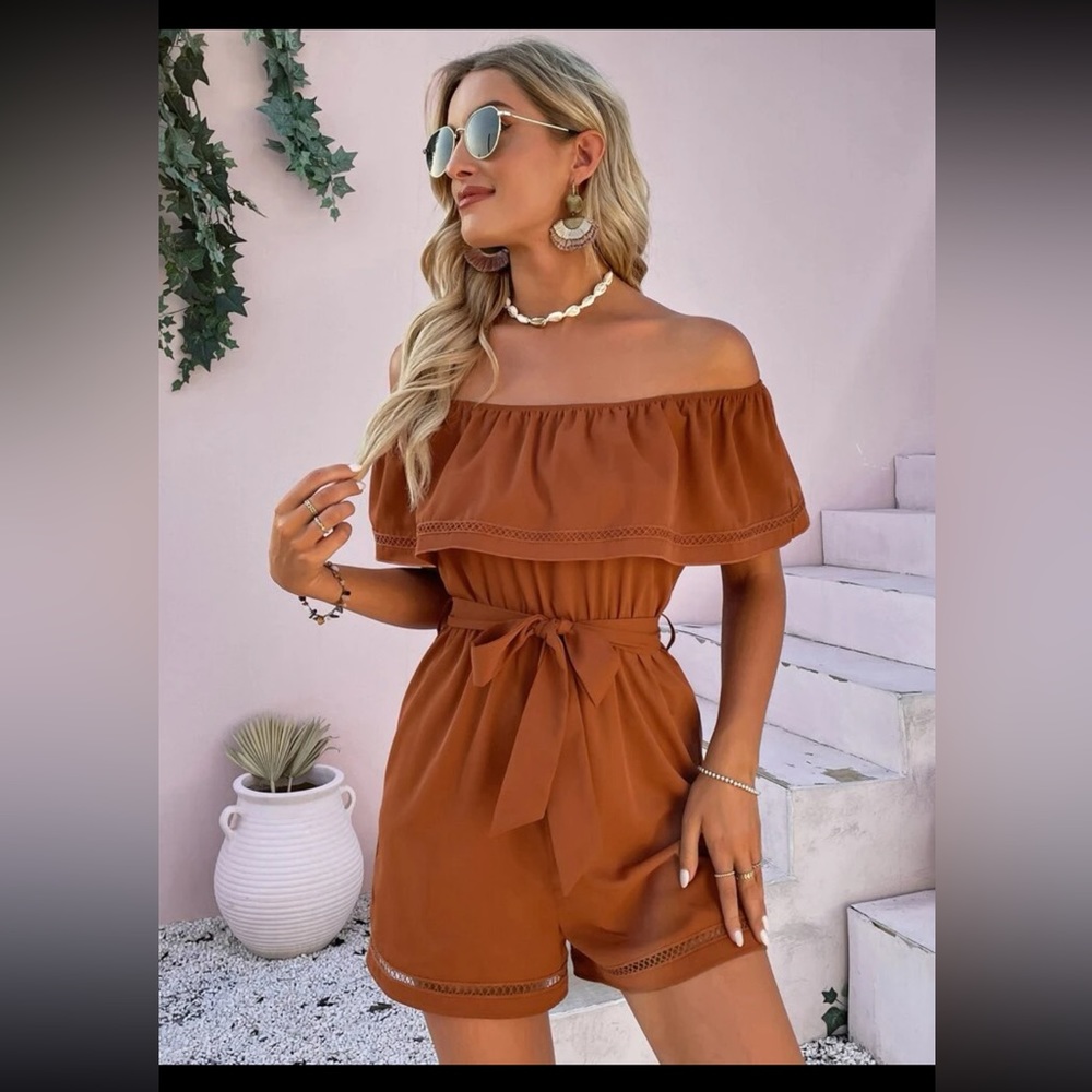 Brand new never worn Burnt orange Solid off shoulder romper size Small